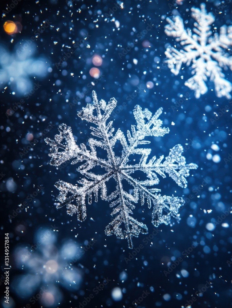 Captivating winter scene of shimmering snowflakes falling against a deep blue background creating a magical and serene atmosphere perfect for holiday season Captivating winter scene of shimmering snowflakes falling against a deep blue background creating a magical and serene atmosphere perfect for holiday season