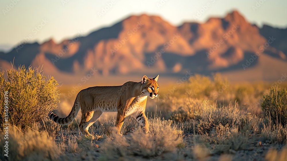 Cougar walking in desert at sunset, mountains in background. Cougar walking in desert at sunset, mountains in background.