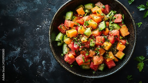 Wallpaper Mural A top-down view of a refreshing Caribbean Crunch salad featuring diced jicama, watermelon, and cucumber, tossed in a tangy chili-lime dressing. Torontodigital.ca