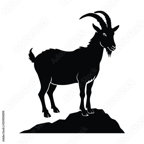 Billy goat standing on rocky surface with horns silhouette design