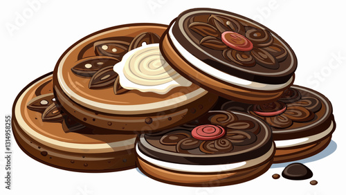 Delicious Oreo biscuits with chocolate and cream on white background