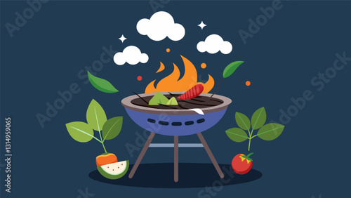 The unmistakable aroma of pepian es wafting from a traditional outdoor grill as meats and vegetables are sizzling to perfection.. Vector illustration