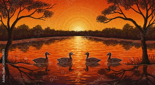 Sunset landscape, silhouetted trees, orange sky, reflective lake, swans swimming, golden light, dramatic colors, peaceful scene, nature painting, rippling water, bare branches, atmospheric, serene moo