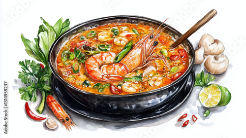 Asian tom yam soup with shrimp and hot red pepper. Watercolor painting on a white background. Vector illustration. 