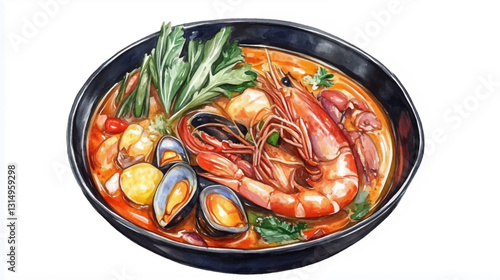 Asian tom yam soup with shrimp and hot red pepper. Watercolor painting on a white background. Vector illustration. 