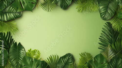 Tropical Green Leaves Border with Natural Background for Design and Decoration