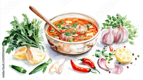 Asian tom yam soup with meat and hot red pepper. Watercolor painting on a white background. Vector illustration. 