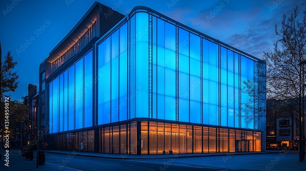 Fototapeta premium Modern building illuminated with blue light at twilight.