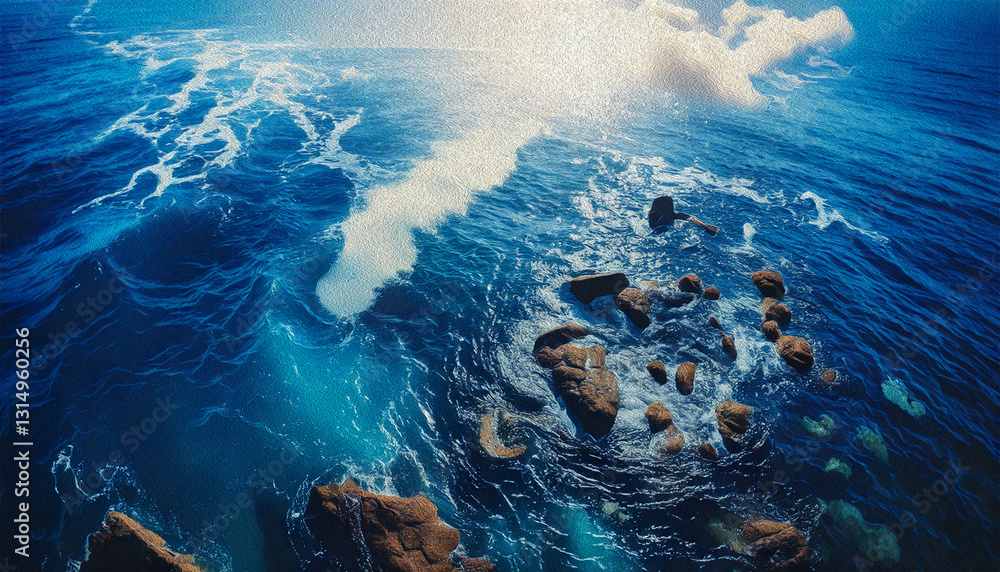 Obraz premium a stunning aerial view of a rocky coastline with waves crashing against dark, rugged rocks. The deep blue and turquoise waters create a mesmerizing contrast with the textured black and gray stones. 