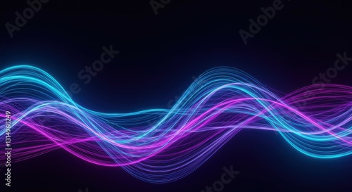 neon waves, glowing energy lines, blue and purple light trails, abstract digital art, dark background, sinusoidal curves, vibrant colors, futuristic design, electric aesthetic, motion blur, smooth flo
