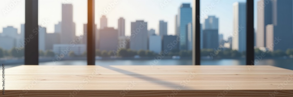Wood table with cityscape view background, empty space Wood table with cityscape view background, empty space