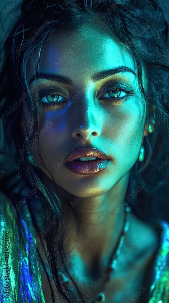 A Woman with Teal and Blue Lighting on Her Face A Woman with Teal and Blue Lighting on Her Face