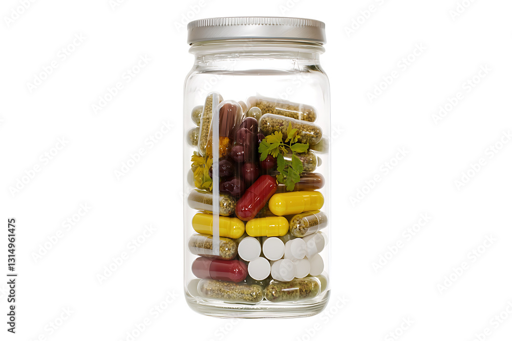 Variety of pills and supplements in a mason jar transparent PNG Variety of pills and supplements in a mason jar transparent PNG