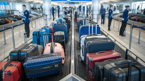 A Busy Airport Baggage Claim Area with a Large Number of Suitcases on the Conveyor Belt, Featuring Various Colors, Sizes, and Styles