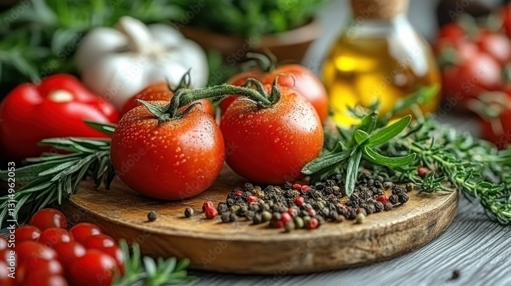 Fresh tomatoes, herbs, and spices on a wooden board Fresh tomatoes, herbs, and spices on a wooden board