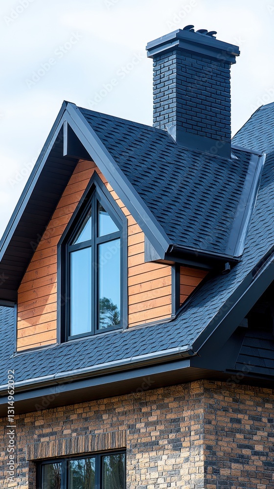 Architectural Elegance Captivating View of Gable Window and Chimney on Modern Brick Home with Asphalt Shingles