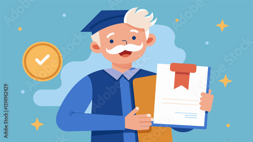 An elderly gentleman beaming with pride as he receives a certificate for completing an advanced language course.. Vector illustration