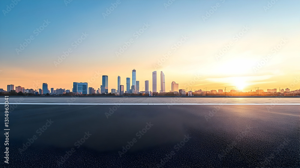 Obraz premium Golden Sunset Over a Modern City Skyline With Empty Asphalt Road in the Foreground