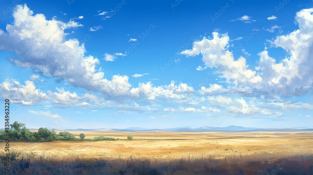 A serene landscape featuring a vast field under a bright blue sky with fluffy clouds.