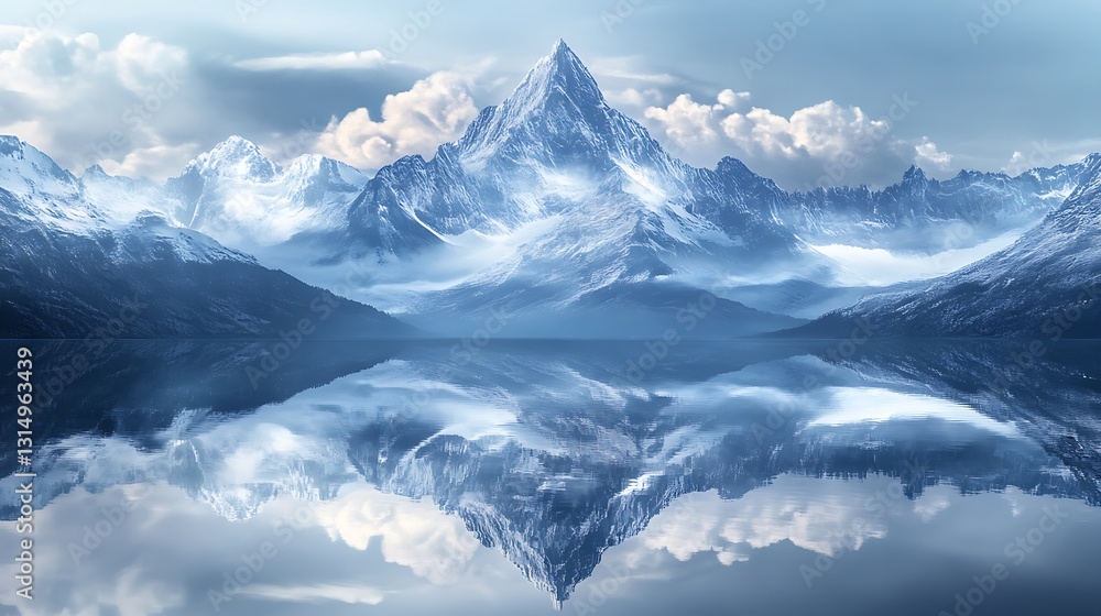 Majestic snowy mountains reflected in a serene lake under a cloudy sky. Majestic snowy mountains reflected in a serene lake under a cloudy sky.