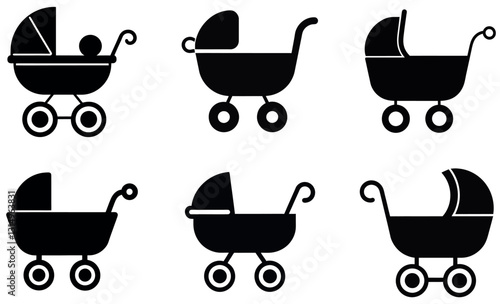 Simple black and white silhouettes of various strollers.