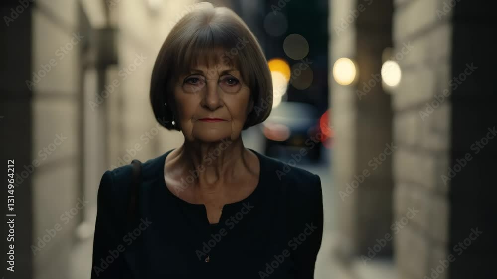 An older woman walks through the city streets at night, looking serious and deep in thought. The moody lighting creates a cinematic and emotional scene. Perfect for themes of solitude, experience An older woman walks through the city streets at night, looking serious and deep in thought. The moody lighting creates a cinematic and emotional scene. Perfect for themes of solitude, experience