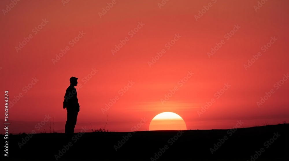 Dramatic Black and White Silhouette of Lone Figure Against Vibrant Sunset Dramatic Black and White Silhouette of Lone Figure Against Vibrant Sunset