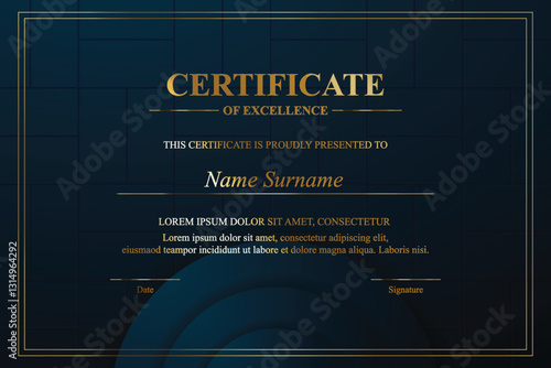 Gold-framed dark-blue certificate of excellence, geometric background, printable