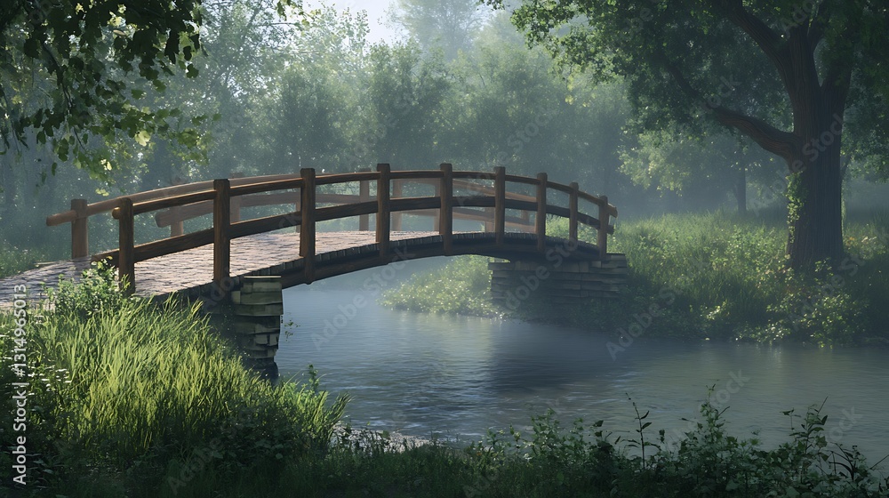 A serene wooden bridge over a misty stream surrounded by lush greenery. A serene wooden bridge over a misty stream surrounded by lush greenery.