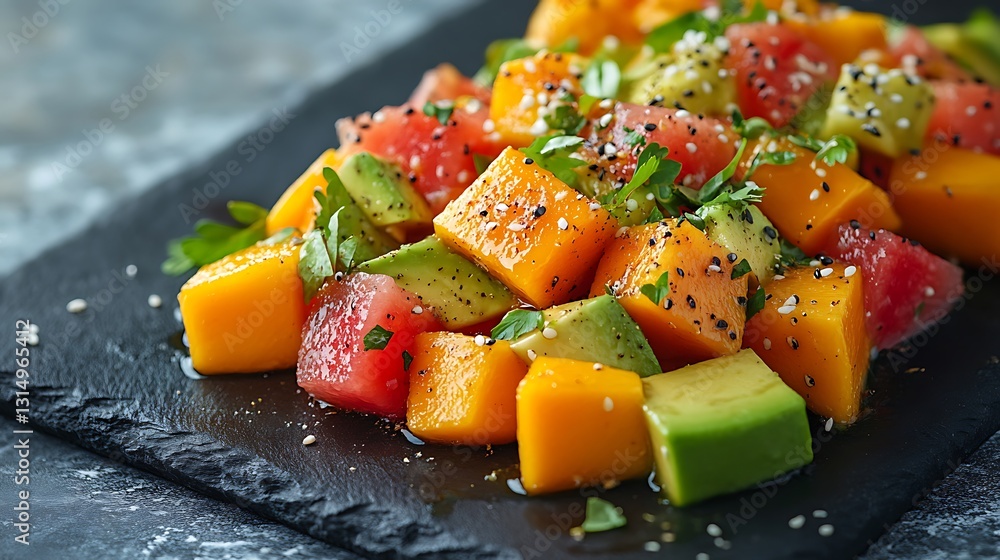 Close-up of a tropical fruit salad with vibrant orange papaya, golden mango, and rich green avocado, artfully plated on a matte black slate. Close-up of a tropical fruit salad with vibrant orange papaya, golden mango, and rich green avocado, artfully plated on a matte black slate.