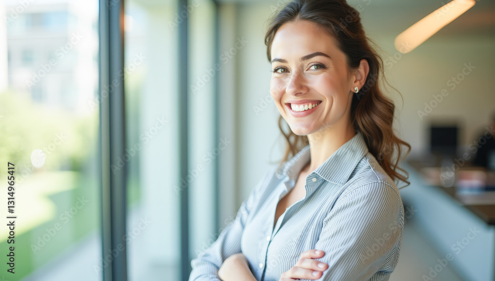 A happy businesswoman with her arms crossed over her chest in a bright office A happy businesswoman with her arms crossed over her chest in a bright office