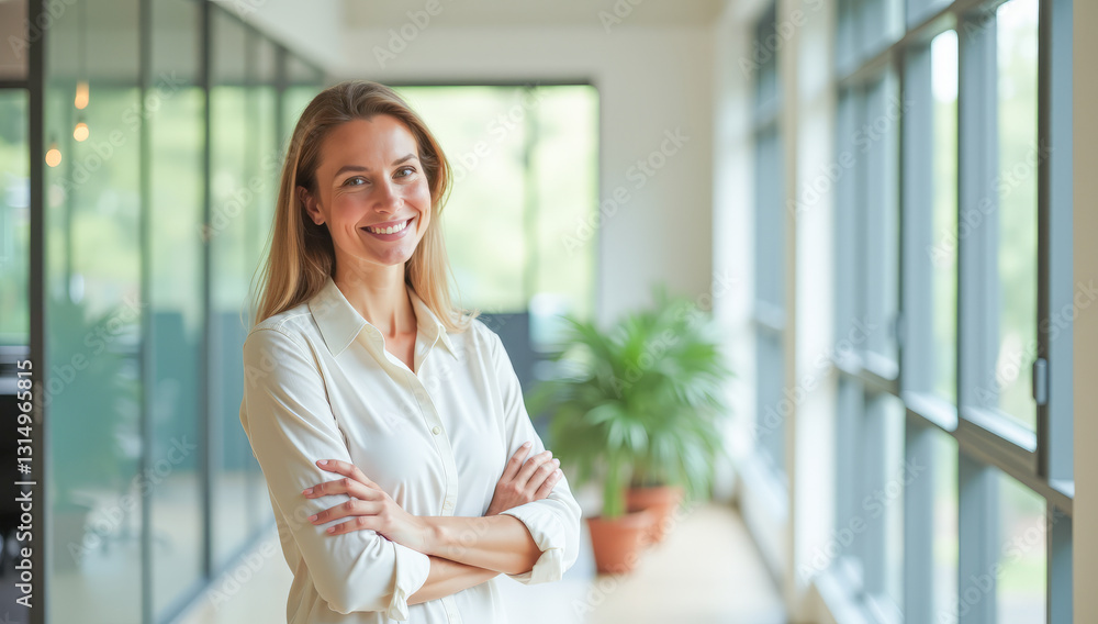 A happy businesswoman with her arms crossed over her chest in a bright office A happy businesswoman with her arms crossed over her chest in a bright office