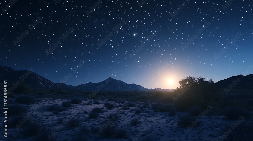 Fototapeta premium A serene night landscape with stars and a rising sun over mountains.