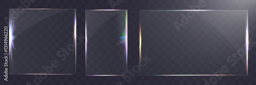 Transparent glass set with smooth edges, reflections, glare, and prismatic light effects. Various geometric shapes for UI, web, and graphic design.
