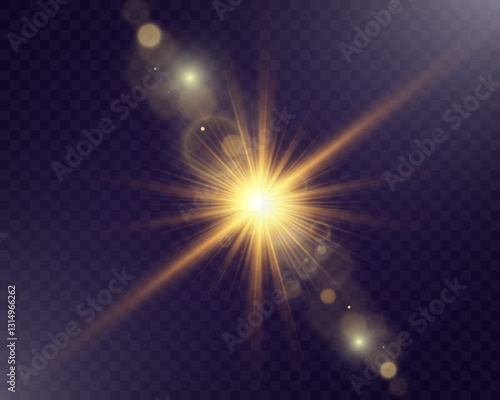 Golden glowing light explosion with radiant beams and lens flare on a transparent dark background. Perfect for abstract, festive, and digital designs.
