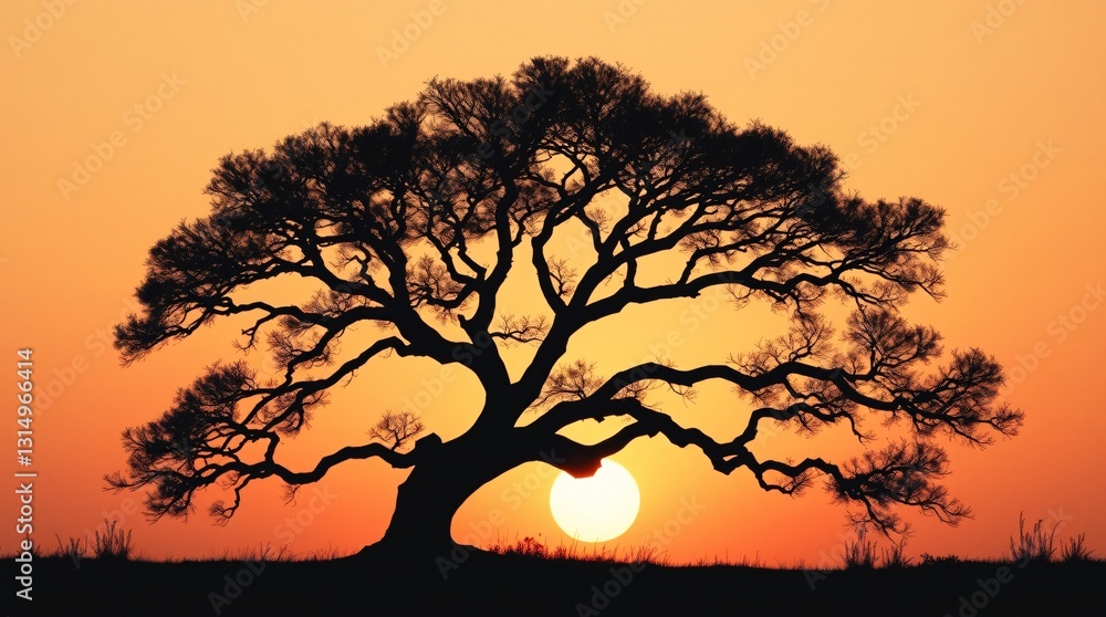 Majestic Tree Silhouette Against Soft Sunset in Painterly Style Majestic Tree Silhouette Against Soft Sunset in Painterly Style