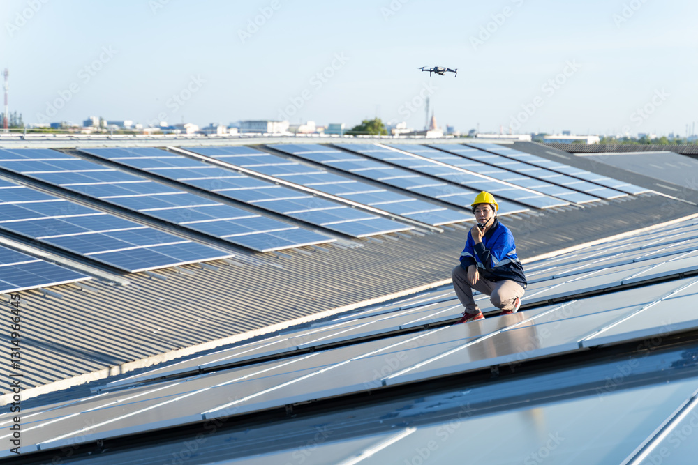 Renewable energy concepts.Electrical engineers are using laptops to monitor the operation of the solar rooftop.Engineering team working operation and maintenance in solar power plant in solar plant Renewable energy concepts.Electrical engineers are using laptops to monitor the operation of the solar rooftop.Engineering team working operation and maintenance in solar power plant in solar plant