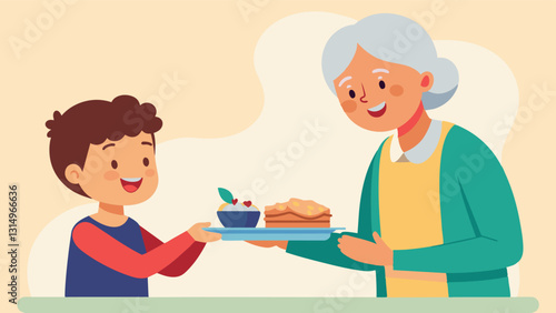 A young boy eagerly serves a plate of lasagna to an elderly woman both exchanging heartfelt smiles and conversation showcasing the intergenerational connection fostered through. Vector illustration