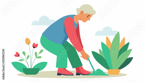 A senior wearing sy nonslip shoes while gardening to prevent slips and falls.. Vector illustration