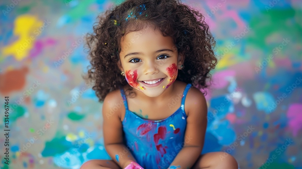 A joyful child sits in a colorful setting, painted with vibrant splashes of color, expressing happiness and creativity in a burst of artistic expression and childhood joy. A joyful child sits in a colorful setting, painted with vibrant splashes of color, expressing happiness and creativity in a burst of artistic expression and childhood joy.