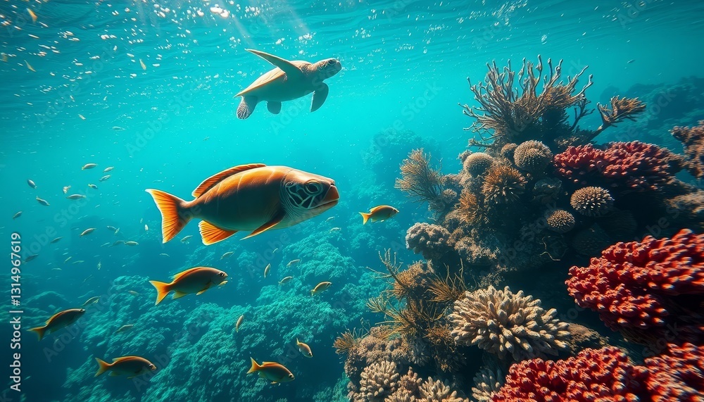 Oceanic Underwater Scene Vibrant Coral Reef with Fish and Sea Turtles Swimming Oceanic Underwater Scene Vibrant Coral Reef with Fish and Sea Turtles Swimming