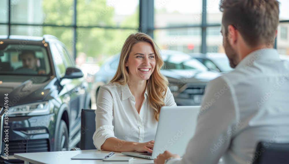 A female manager with a laptop is talking to a customer at a car dealership A female manager with a laptop is talking to a customer at a car dealership