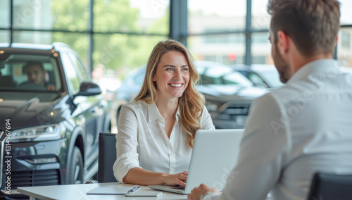 A female manager with a laptop is talking to a customer at a car dealership