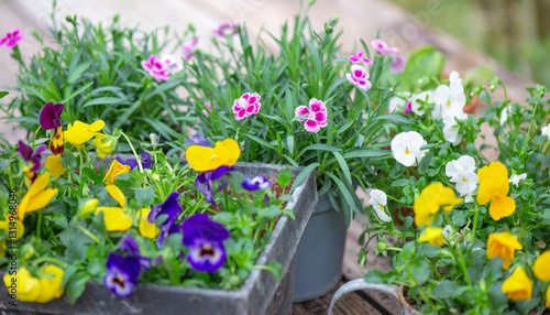 beautiful potted of fresh and colorful flowers pink flowers of carnation and ...