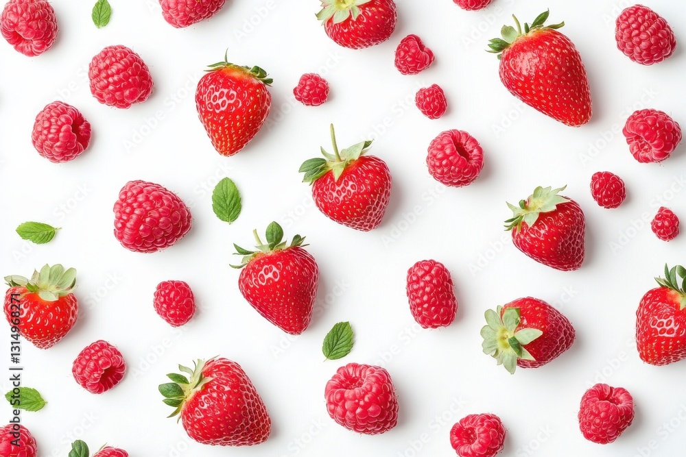 Juicy summer fruits in vibrant strawberry and raspberry arrangement Juicy summer fruits in vibrant strawberry and raspberry arrangement