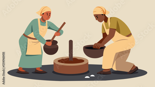 Two skilled artisans work side by side using large stone metates to grind roasted cocoa beans into a fine rich paste.. Vector illustration