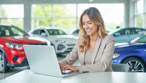 a female manager with a laptop in a car dealership