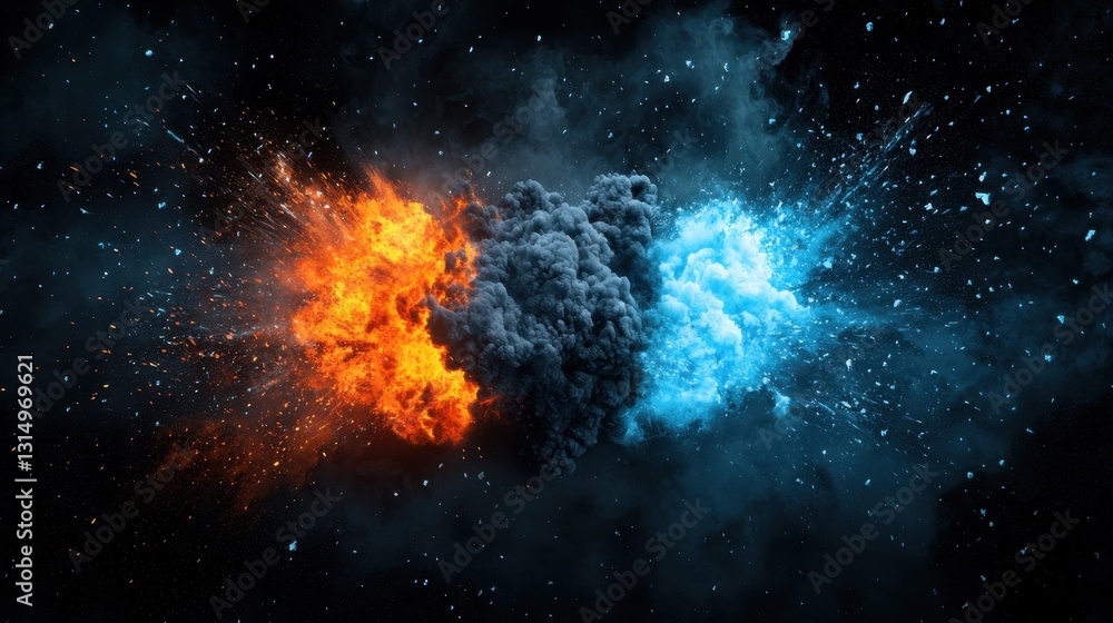 Fototapeta premium Fire and ice colliding with dramatic explosion of elements