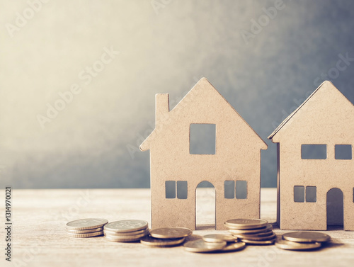 A simple flat paper house cut out of cardboard stands in front of a neutral background, with savings in metal coins scattered on the table.