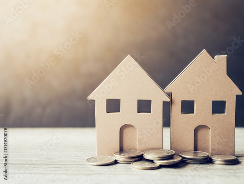 A simple flat paper house cut out of cardboard stands in front of a neutral background, with savings in metal coins scattered on the table.